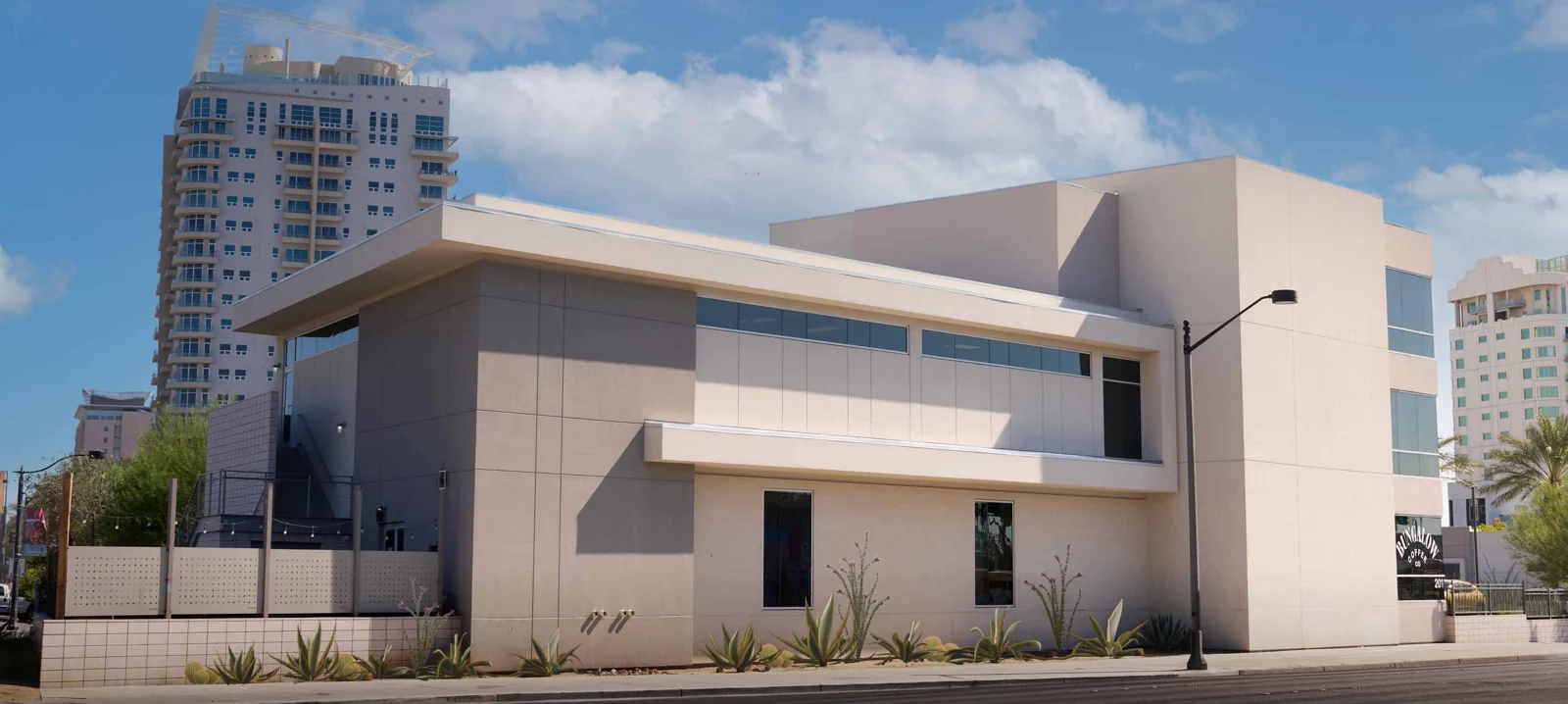 The contemporary exterior of 201 Charleston on East Charleston Boulevard