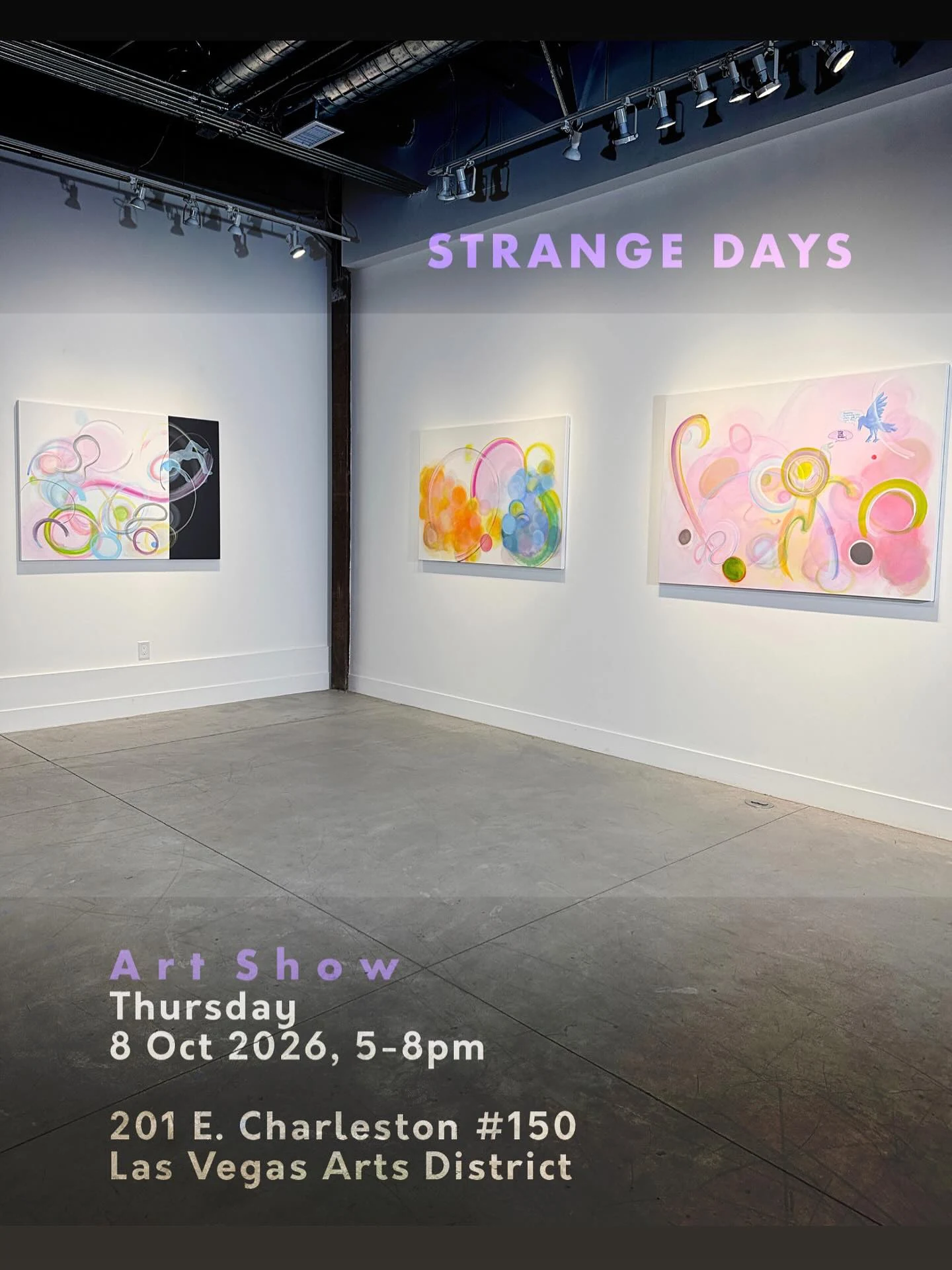 Full Strange Days art show flyer showing colorful abstract paintings, the October 8, 2026 event details, and the 201 Charleston address